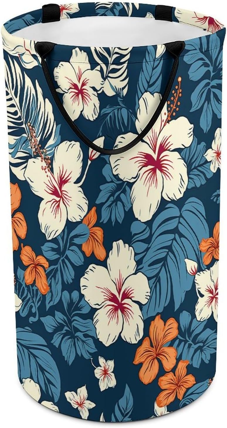 Hawaii Flower Laundry Hamper with Handles Waterproof Collapsible Laundry Basket Large Lightweight Round Dirty Clothes Hamper for Home Dorm Bathroom Decor