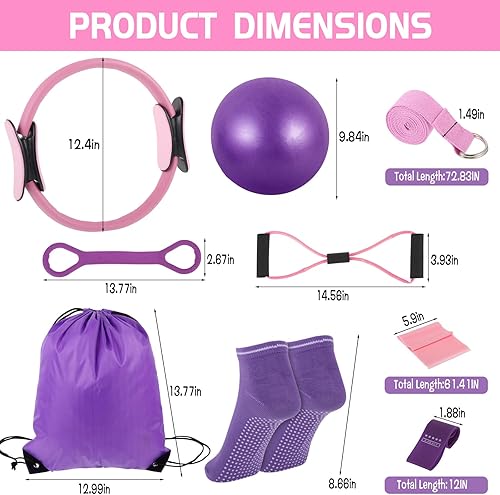 Juego de 21 anillos circulares de pilates para mujer, incluye pelota de yoga de 9.8 pulgadas, bandas de correa, calcetines antideslizantes, bolsas
