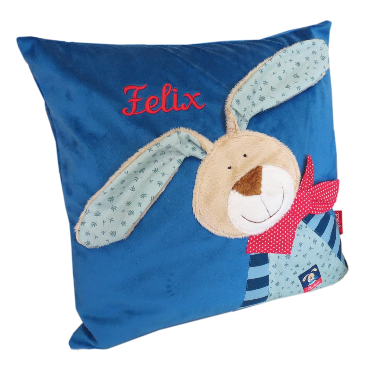Sigikid Kuschelkissen mit Ihrem Wunsch-Namen Bestickt Wombel Bombel blau 40 cm x 40 cm inklusive Füllung Namenskissen Kinderkissen personalisiert