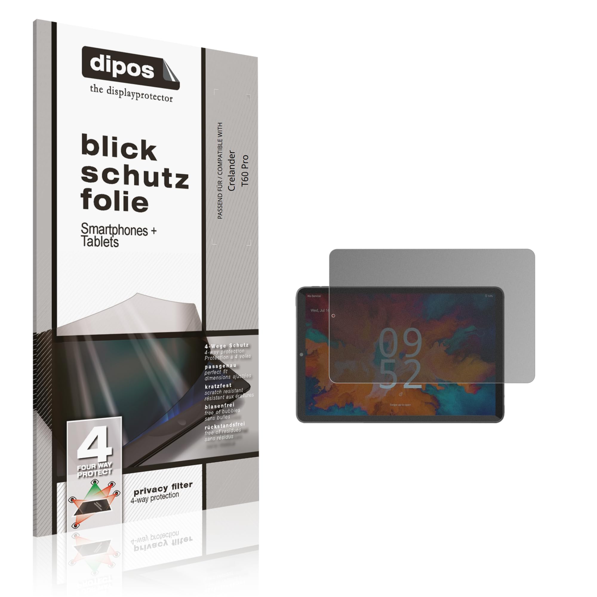 dipos Protector de Pantalla Antiespía para Crelander T60 Pro | Película protectora mate, filtro de privacidad 4 vías, ajuste perfecto, antiarañazos, sin burbujas, autoadhesivo