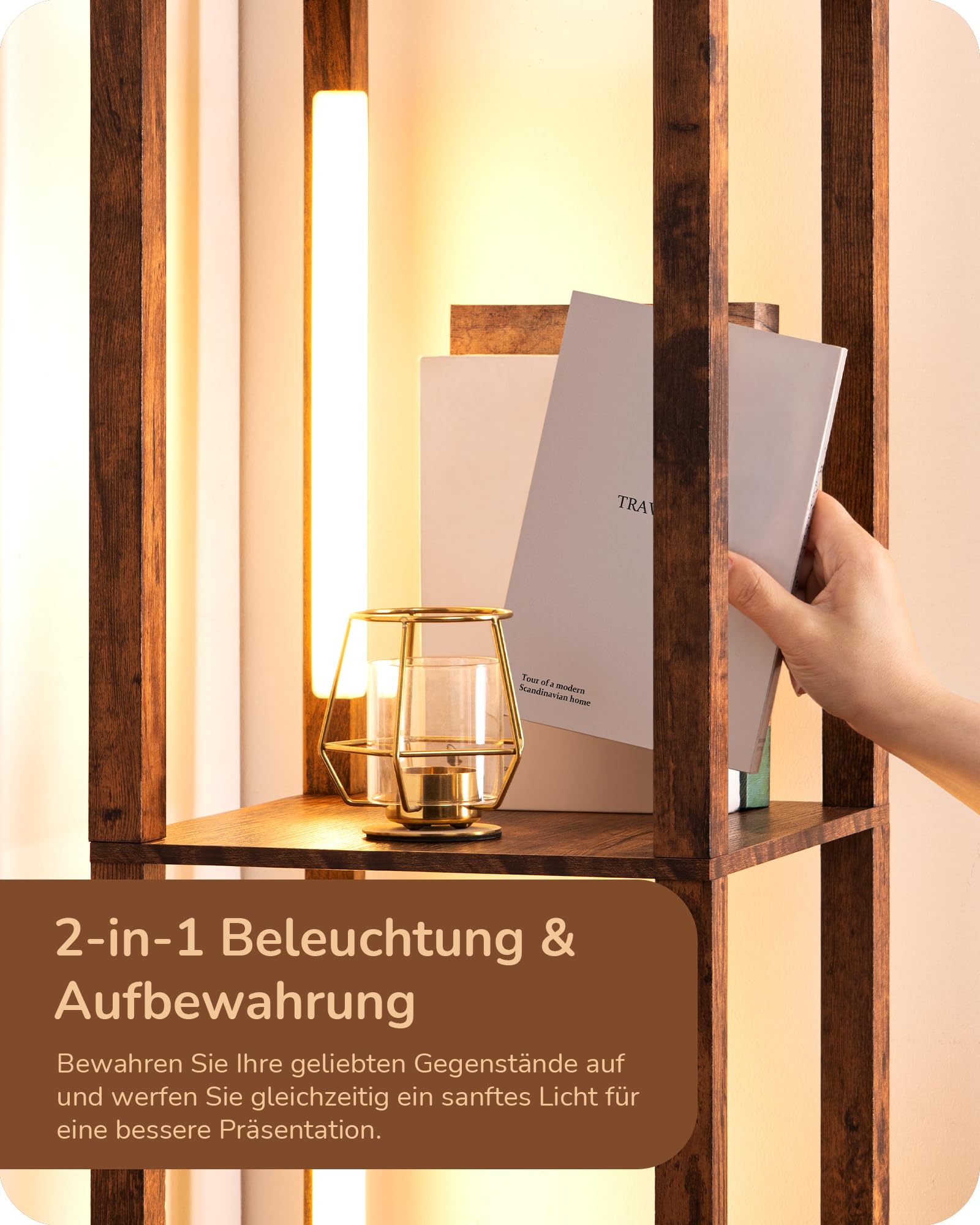 EDISHINE Stehlampe mit Regal Dimmbar, 3 Farbtemperaturen, 20W 1530 Lumen 163 cm Eckregal mit 360° drehbare LED-Leuchten und Fußschalter, Moderne Innenbeleuchtung mit 4 Ablagen, Stehleuchte Wohnzimmer
