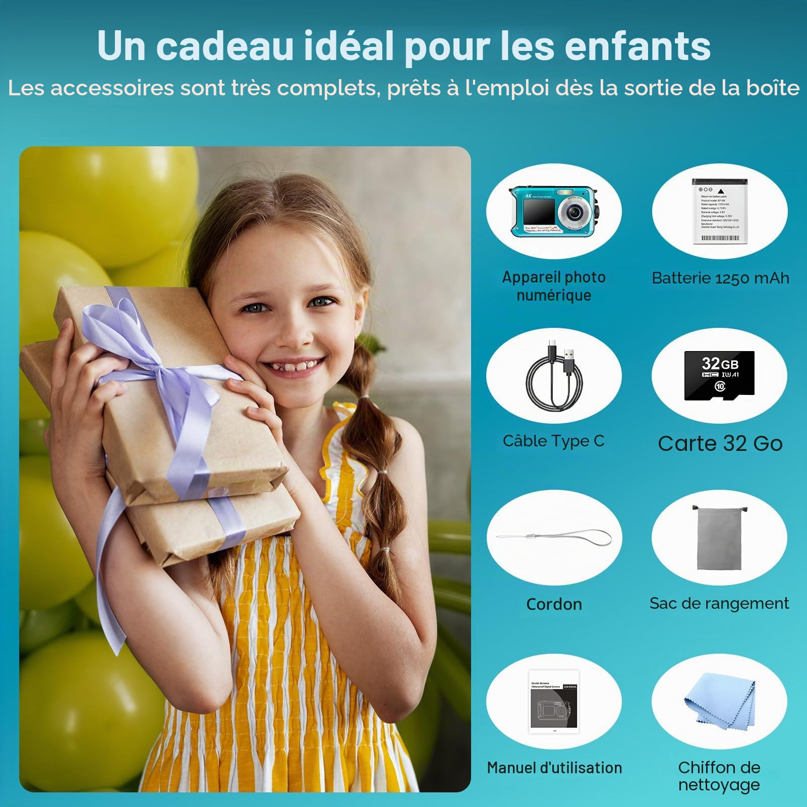 Appareil Photo Etanche Appareil Photo numérique 4K 64MP | Autofocus Caméra sous-marine Carte mémoire 32G Selfie Double écrans 16FT 16X Zoom Appareil Photo Numérique Etanche