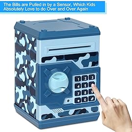 Renvdsa Cartoon Electronic ATM Password Piggy Bank Cash Coin Can Auto Scroll Paper Money Saving Box Gift for Kids (Blue Camouflage)