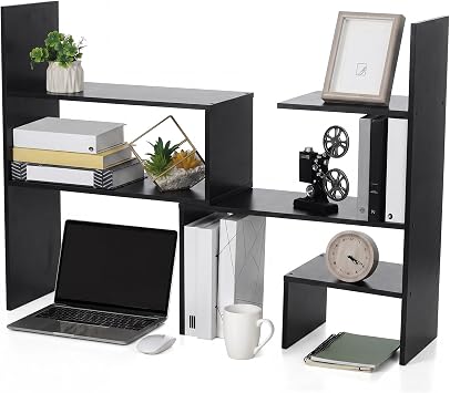 Briwooody Expandable Dorm Desk Hutch Adjustable Desktop Bookshelf,Black