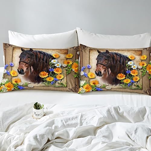 Miniatura 4 de Juego de sábanas de tamaño Queen con diseño de caballo marrón, acuarela, pastel, rústico, calidad animal, microfibra cepillada, juego de ropa de