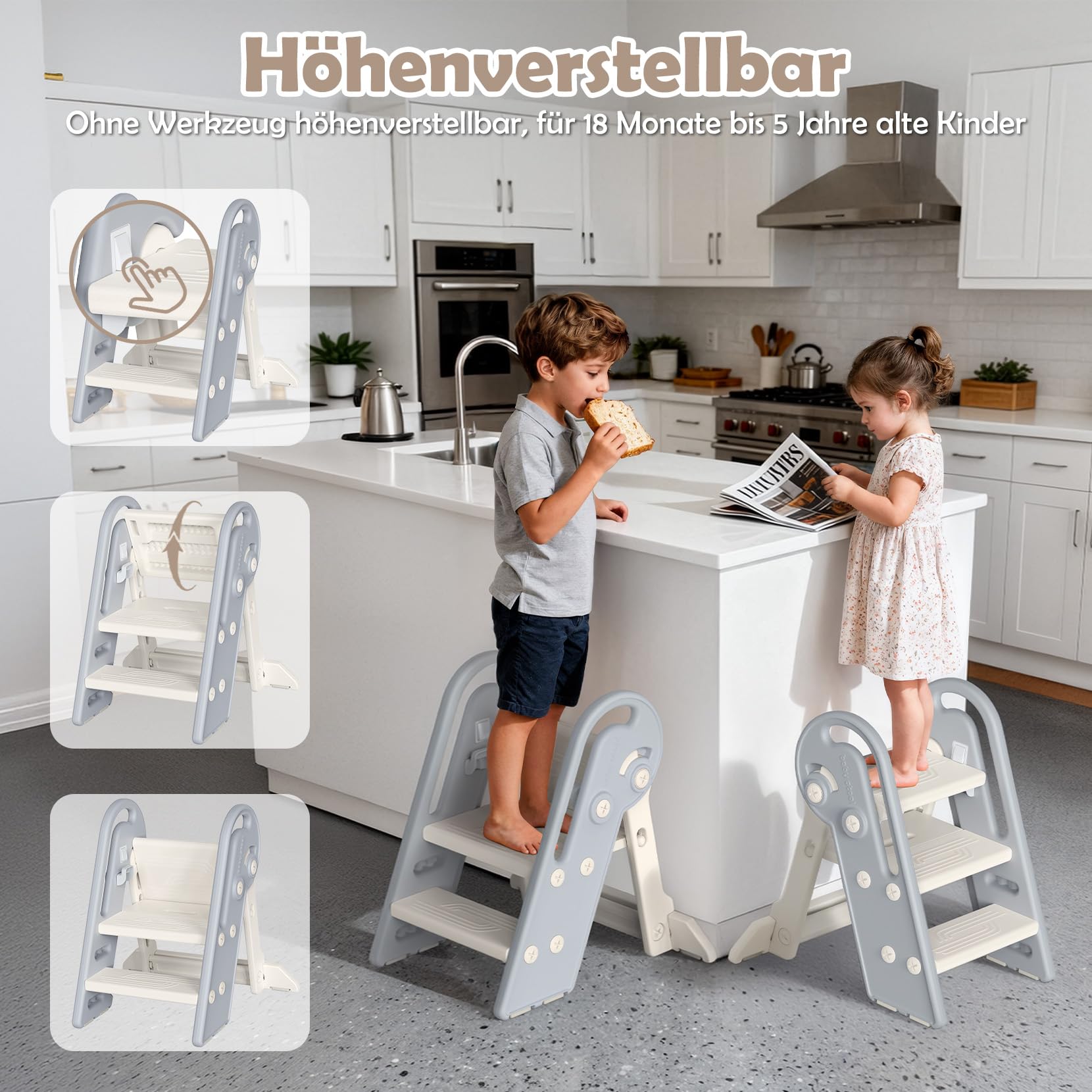 Tritthocker für Kinder Hocker Kinder Bad ab 1,5 bis 8 Jahren | 2 Stufen-3 Stufen Höhenverstellbar Kinder tritthocker | Klappbar | Sicherheit Handslauf | für Bad, Kleinkinderzimmer, Küche (Grauweiß)