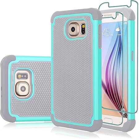 Galaxy S6 Case, Galaxy S6 Case with [2 Pack] Tempered Glass Screen Protector, Shockproof Defender Armor Protective Dual Layer Hybrid TPU Plastic Rugged Case for Samsugng Galaxy S6 SVI - Turquoise&Grey