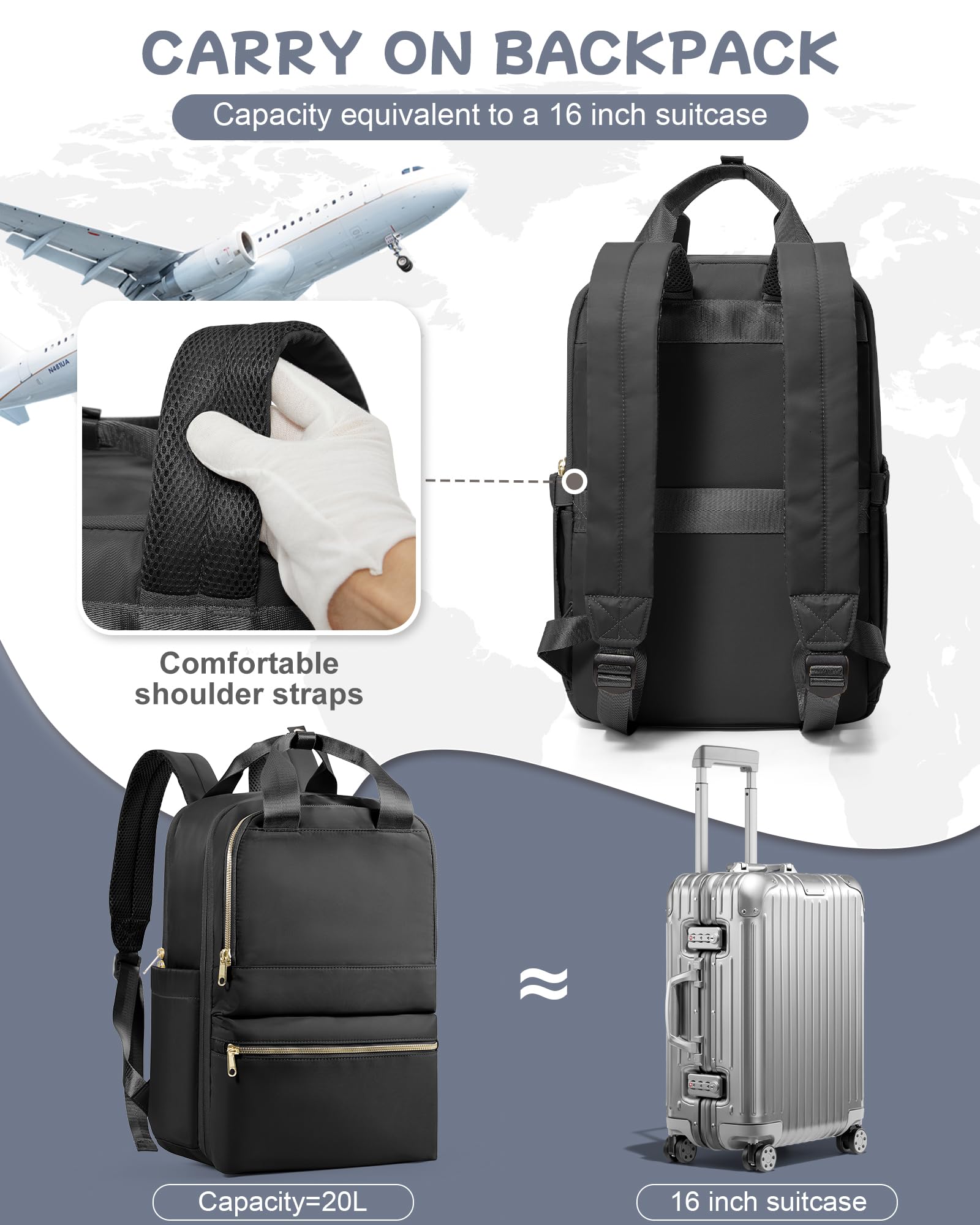 bergsalz nero zaino ryanair 40x20x25 zaino da viaggio aereo bagaglio a mano 40x20x25 ryanair zaino donna uomo Sportivo da scuola casual laptop da 14 pollici