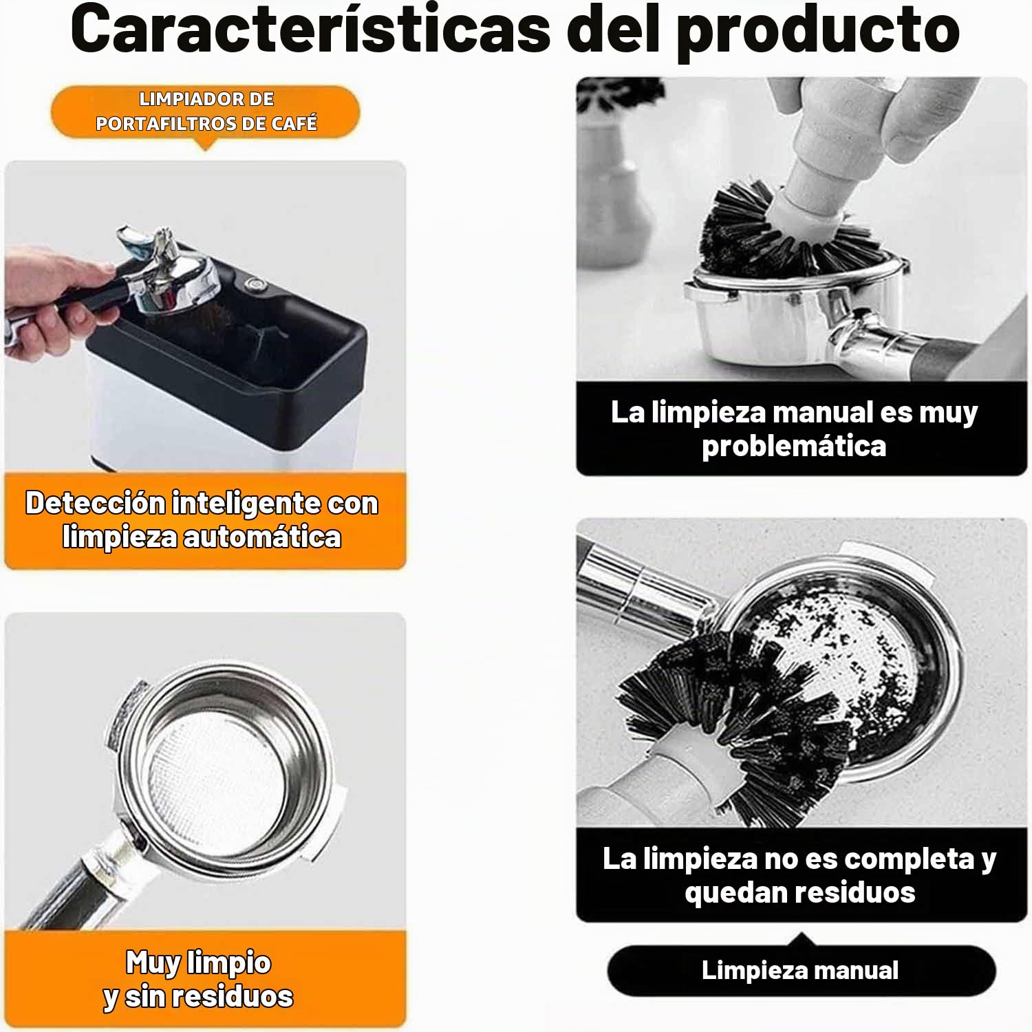 Limpiador de portafiltros eléctrico, limpiador automático de posos de café con 3 raspadores y 1 cabezal de cepillo