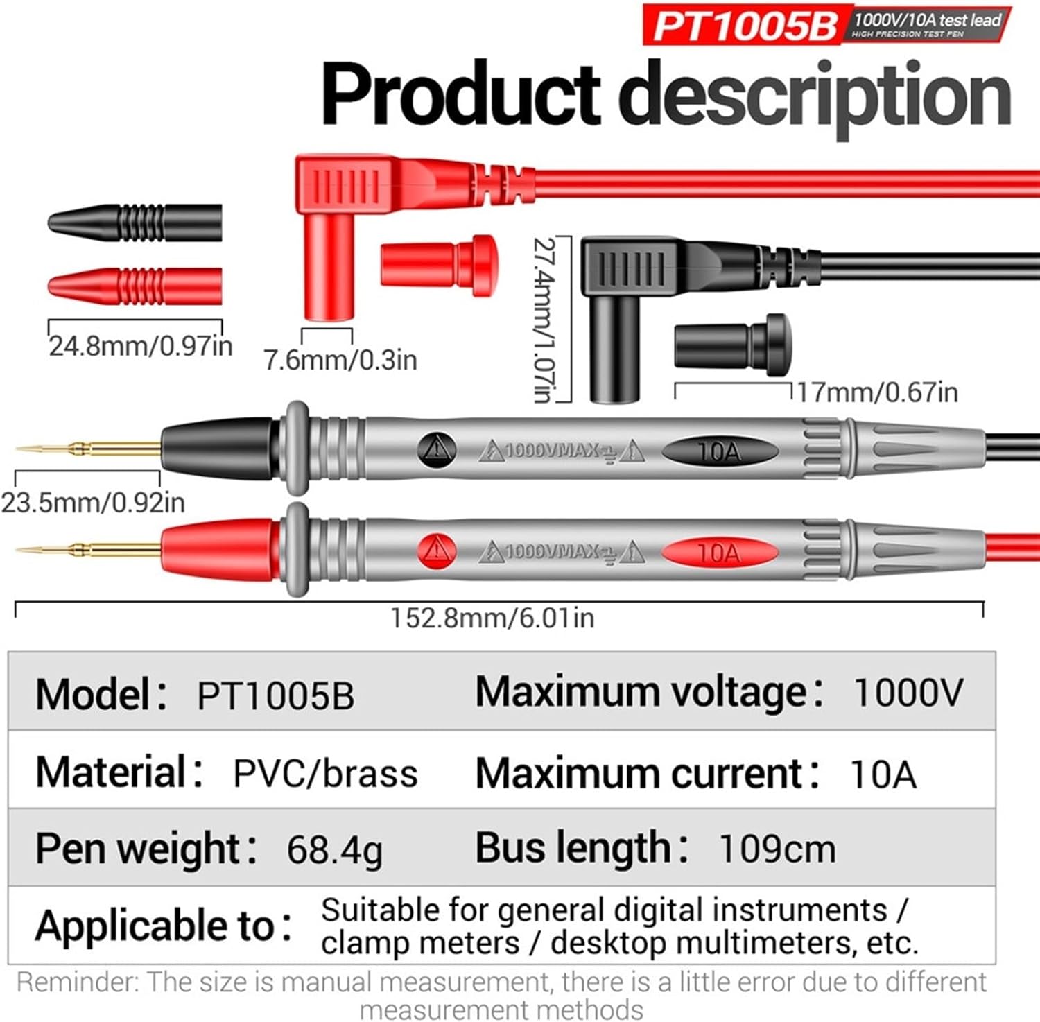 PT1005B 10A 1000V Digital Multimeter Probe Universal Test Lead Needle Pin Wire Pen Cable Kit Current Voltmeter Tester Wire
