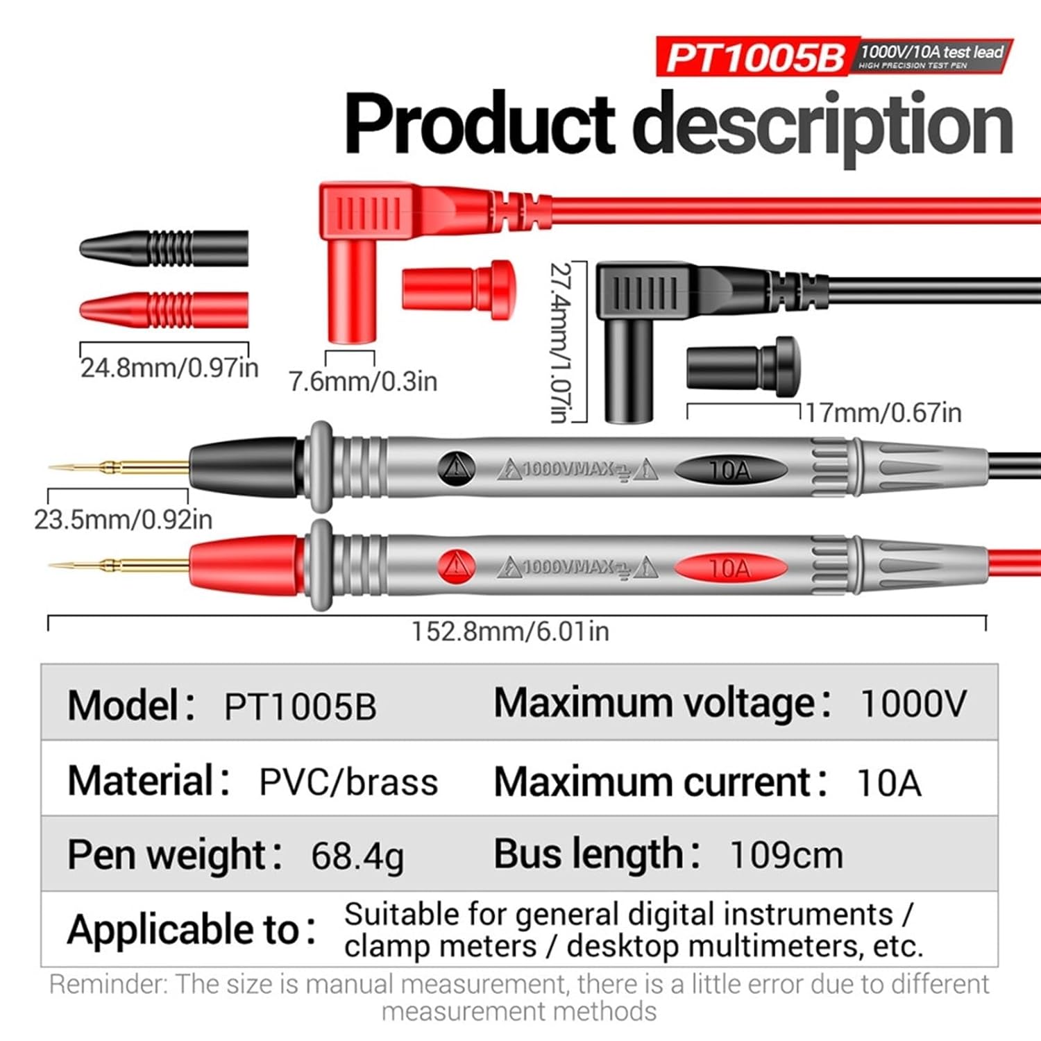 PT1005B 10A 1000V Digital Multimeter Probe Universal Test Lead Needle Pin Wire Pen Cable Kit Current Voltmeter Tester Wire
