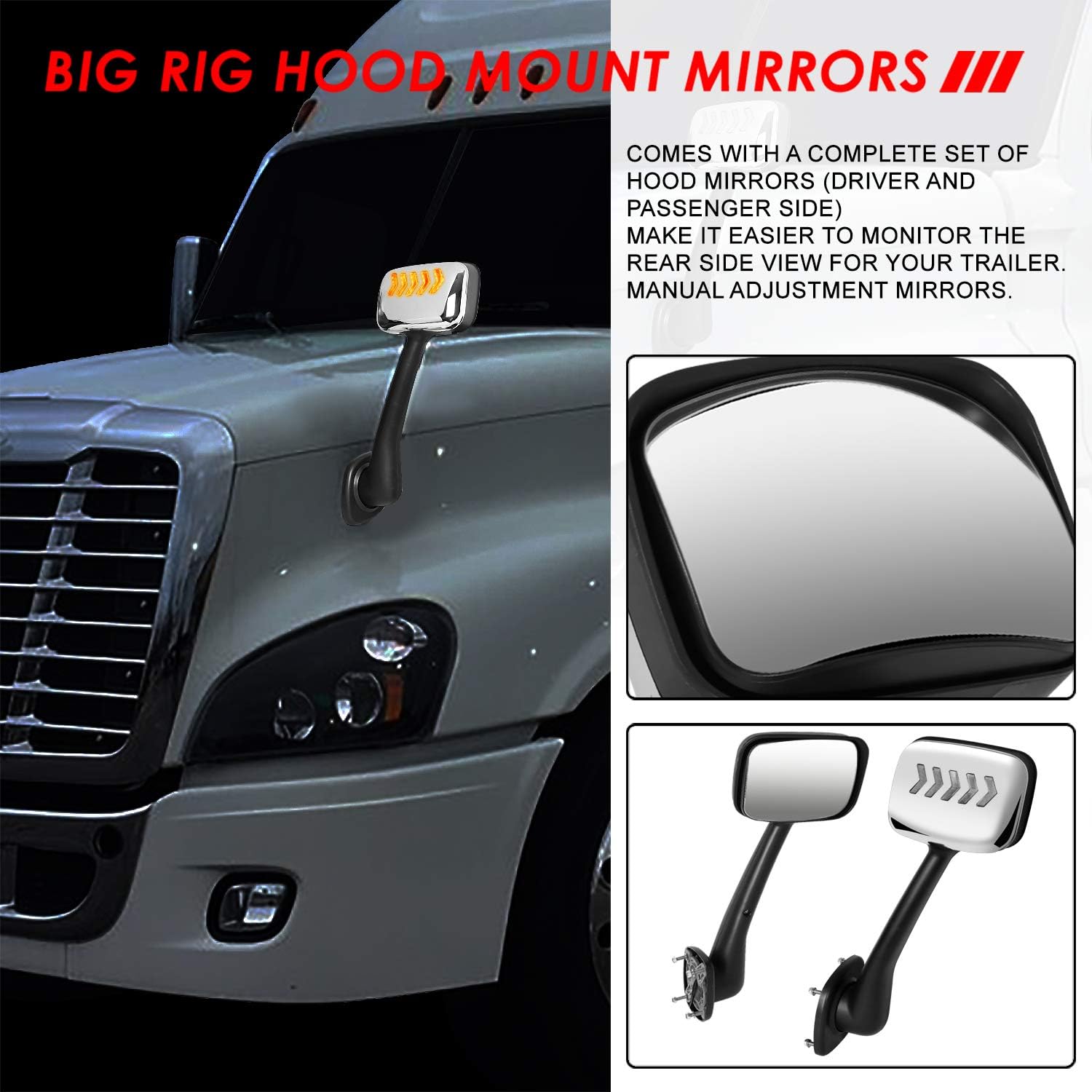 Auto Dynasty Arrow-Pattern LED Sequential Turn Signal Manual Adjust Rear View Side Hood Mirrors Compatible with Freightliner Cascadia 2008-2017, Driver and Passenger Side, Polished Chrome