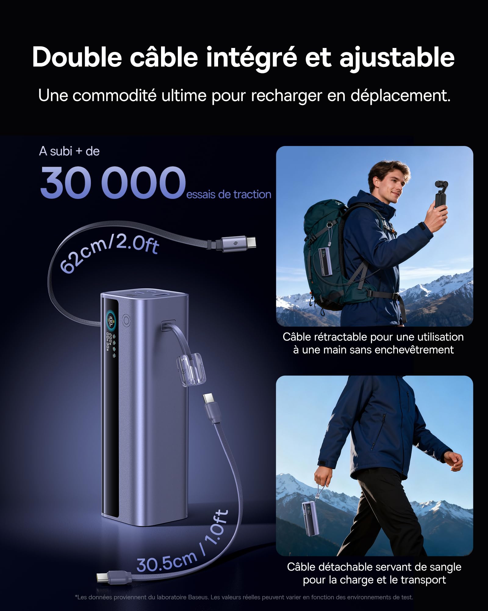 Baseus EnerGeek GR11 Powerbank pour Ordinateur Portable, 25 000 mAh, Charge Rapide 200 W, avec câble USB C rétractable de 62 cm, Batteries externes pour MacBook Pro, Dell, HP, Samsung Galaxy S26/S25