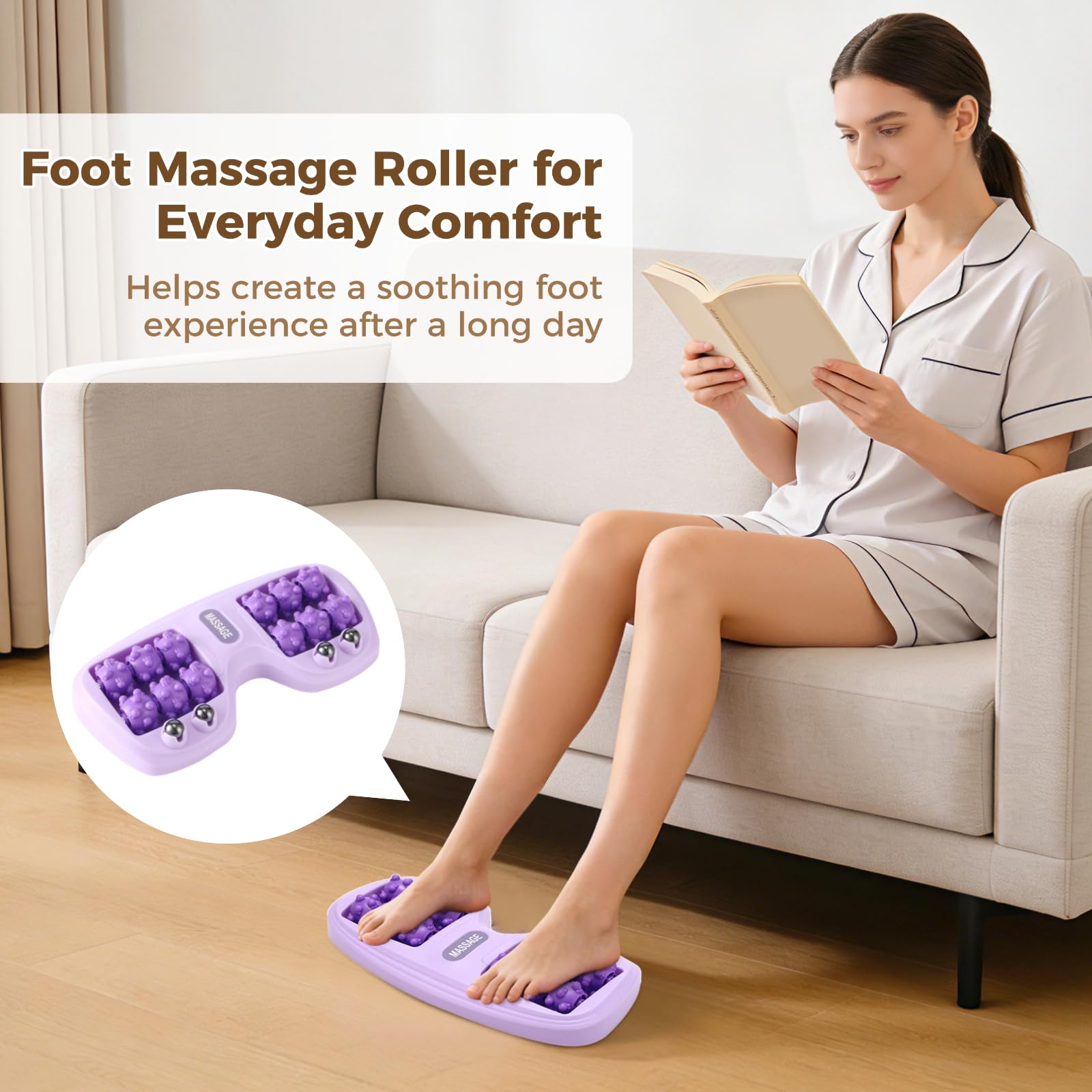 Fußmassage-Roller, strukturierter Fußmassager mit Metallkugeln, rutschfester Unterseite, Akupressurpunkt-Referenzkarte und doppelseitigem Massage-Stick für täglichen Fußkomfort