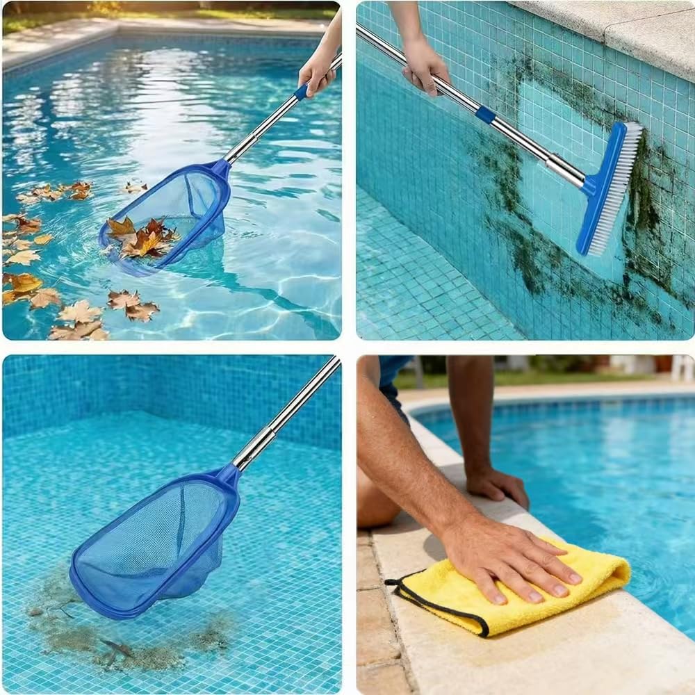 Pool Kescher mit Teleskopstange 220cm, Tiefenkescher Pool Mit Poolbürste, Poolkescher Feinmaschig, Laubkescher Pool, Pool Reinigungsset für Schwimmbad, Spas, Teiche, Whirlpools