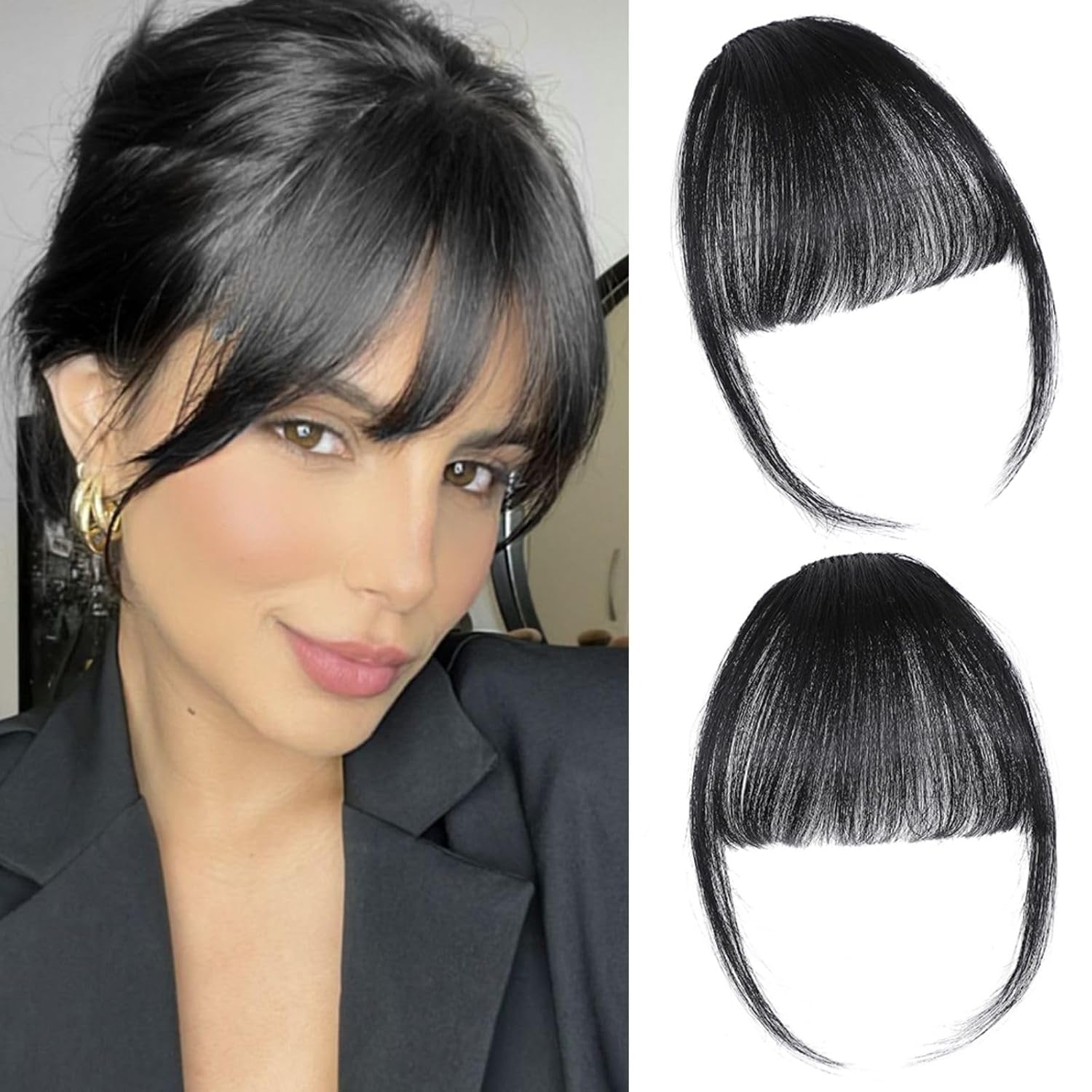 Clip-on Natural Black Human Hair Extensions - Wispy Bangs with Temples for Daily Wear