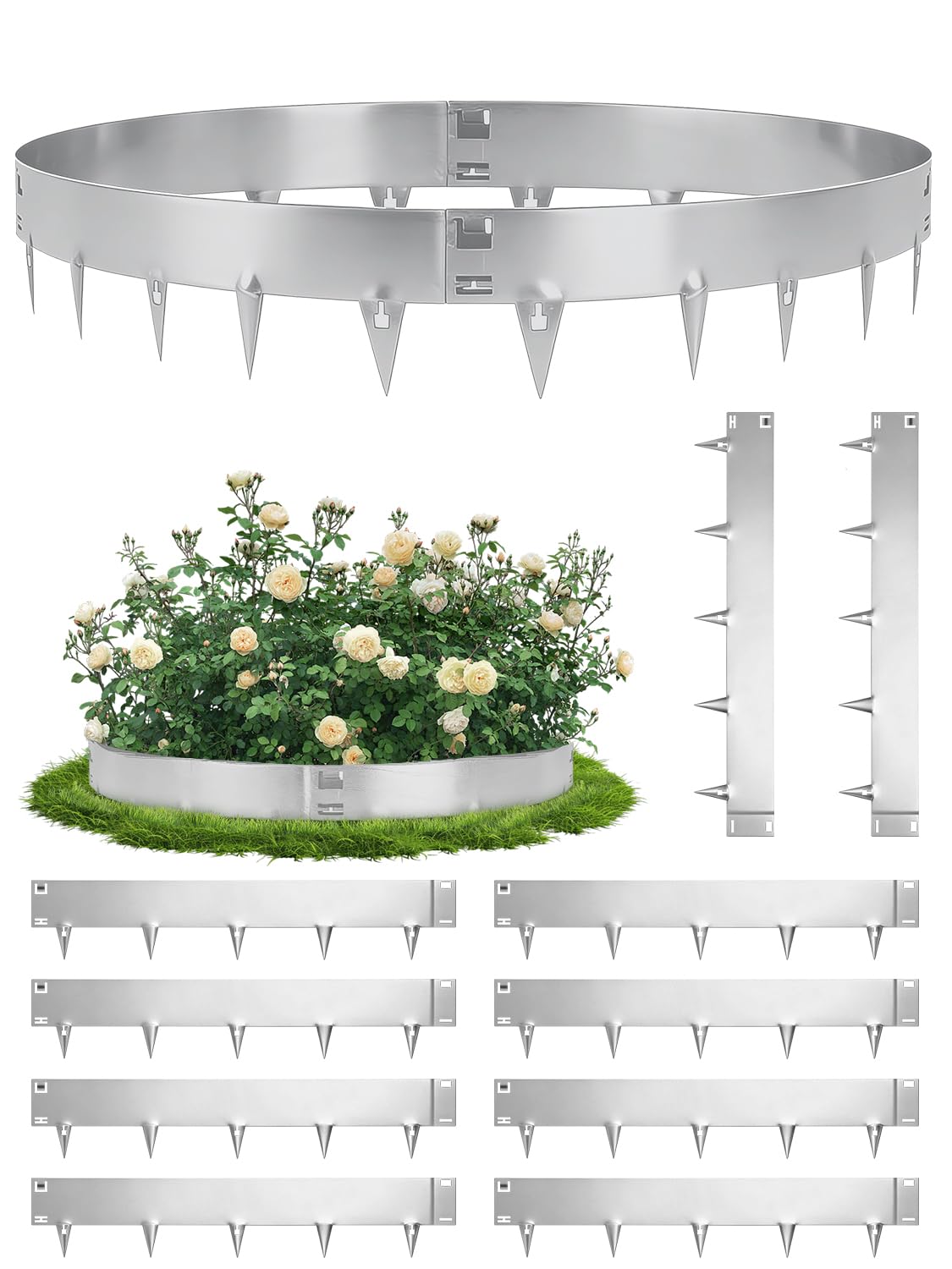 Lawn Edging Border 10 Pack,10.75M Length Total,20cm Height Flexible Garden Edging Border,10cm Face Height Galvanized Steel Garden Borders Edgings for Flower Beds Lawns Pavemen,Silver