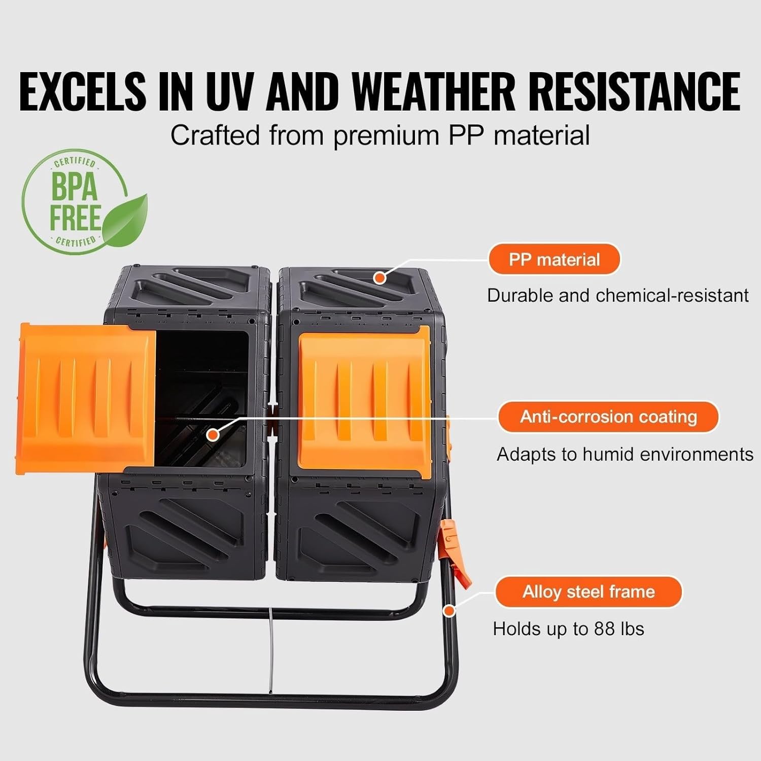 Compost Bin Tumbler, 37 Gallon Dual Chamber Composter - Rotating Outdoor Compost Bin with Sliding Doors & Steel Frame - Garden, Yard, Kitchen Waste - BPA Free
