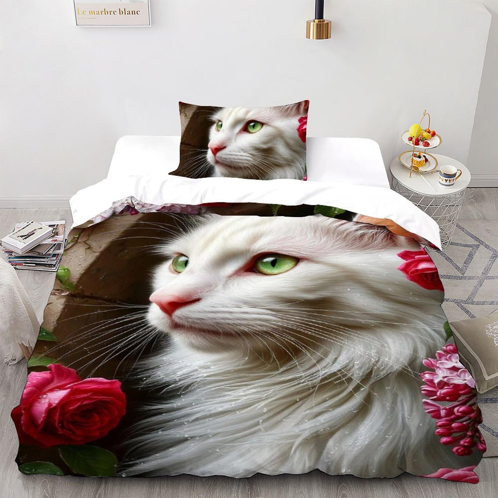Housse de couette animaux imprimé 3D chat et fleurs pour lit de fille