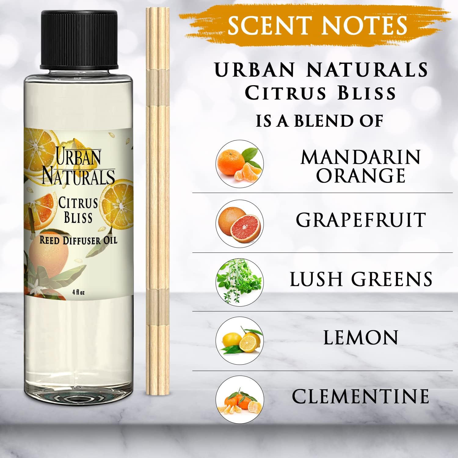 Urban Naturals Citrus Bliss Mandarin & Grapefruit Scented Reed Diffuser Oil Refill + Replacement Reed Sticks | Fresh, Bright Citrus Scent 4 oz. - Image 2