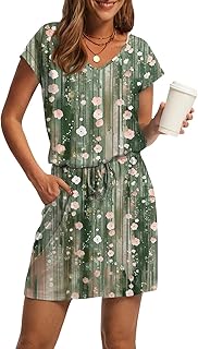 Women's Casual Summer Dress Boho Floral Print Short Sleeve V-Neck Drawstring Waist Sundress with Pockets