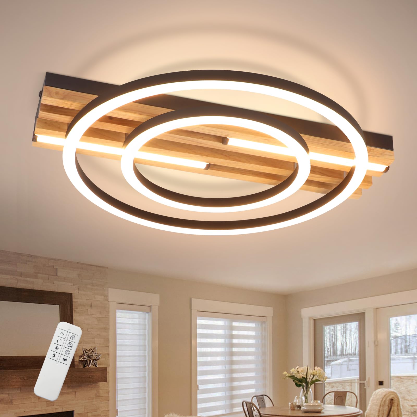 GBLY LED Deckenlamape Holz Deckenleuchte Dimmbar 38CM Schlafzimmer Lampe | 34W Ring Modern Schwarz Metall Fernbedienung Design für Schlafzimmer Wohnzimmer Küche Esszimmer Büro Lampe Memory Funktion
