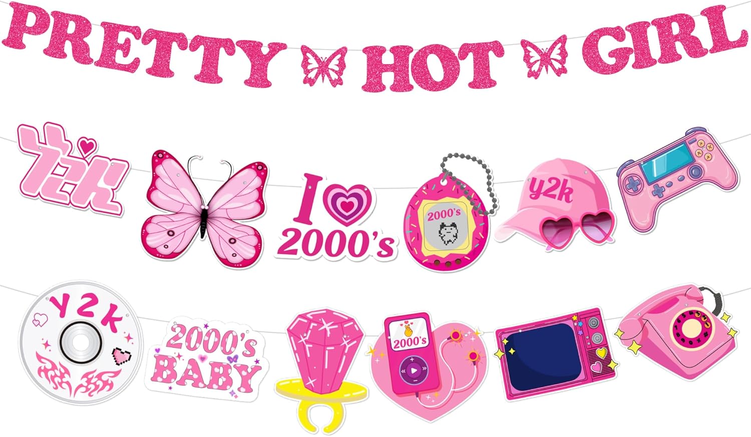 Y2K 2000s Party Decorations Banner - Pink Pretty Hot Girl Decoration with Banners Garland, Early 2000s Party Supplies for Hot Girls Birthday Wedding Bachelorette