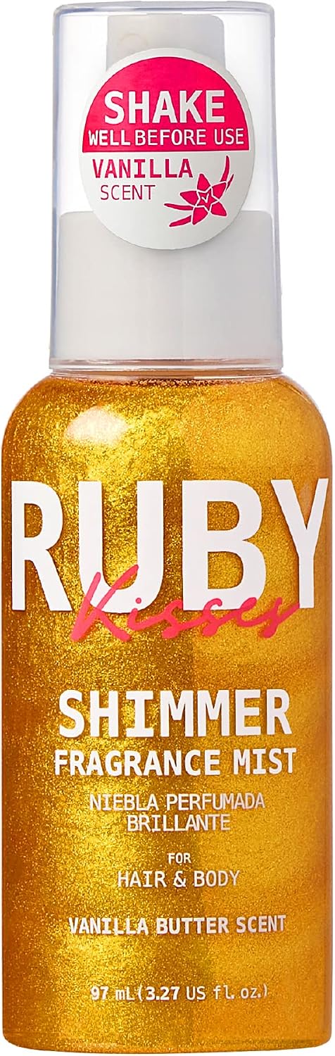 Ruby Kisses Shimmer Fragrance Body and Hair Mist Spray, Vanilla Glitter Body Perfume Spray, Skin Perfume, Liquid Illuminator Highlighter for Skin (GOLD)