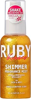 Ruby Kisses Shimmer Fragrance Body and Hair Mist Spray, Vanilla Glitter Body Perfume Spray, Skin Perfume, Liquid Illuminator Highlighter for Skin (GOLD)