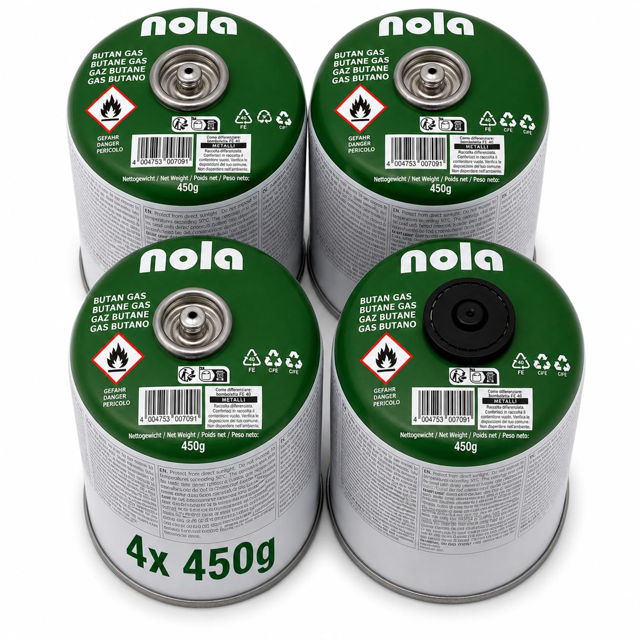 NOLA 4X 450g Gaskartuschen – Propan-/Butangas Schraubkartuschen mit Gewinde 7/16" Gas, Campinggas, für Campingkocher, Gaskocher & Gasgrill – Schraubventil Kartusche Outdoor EN417 Notfall Stromausfall