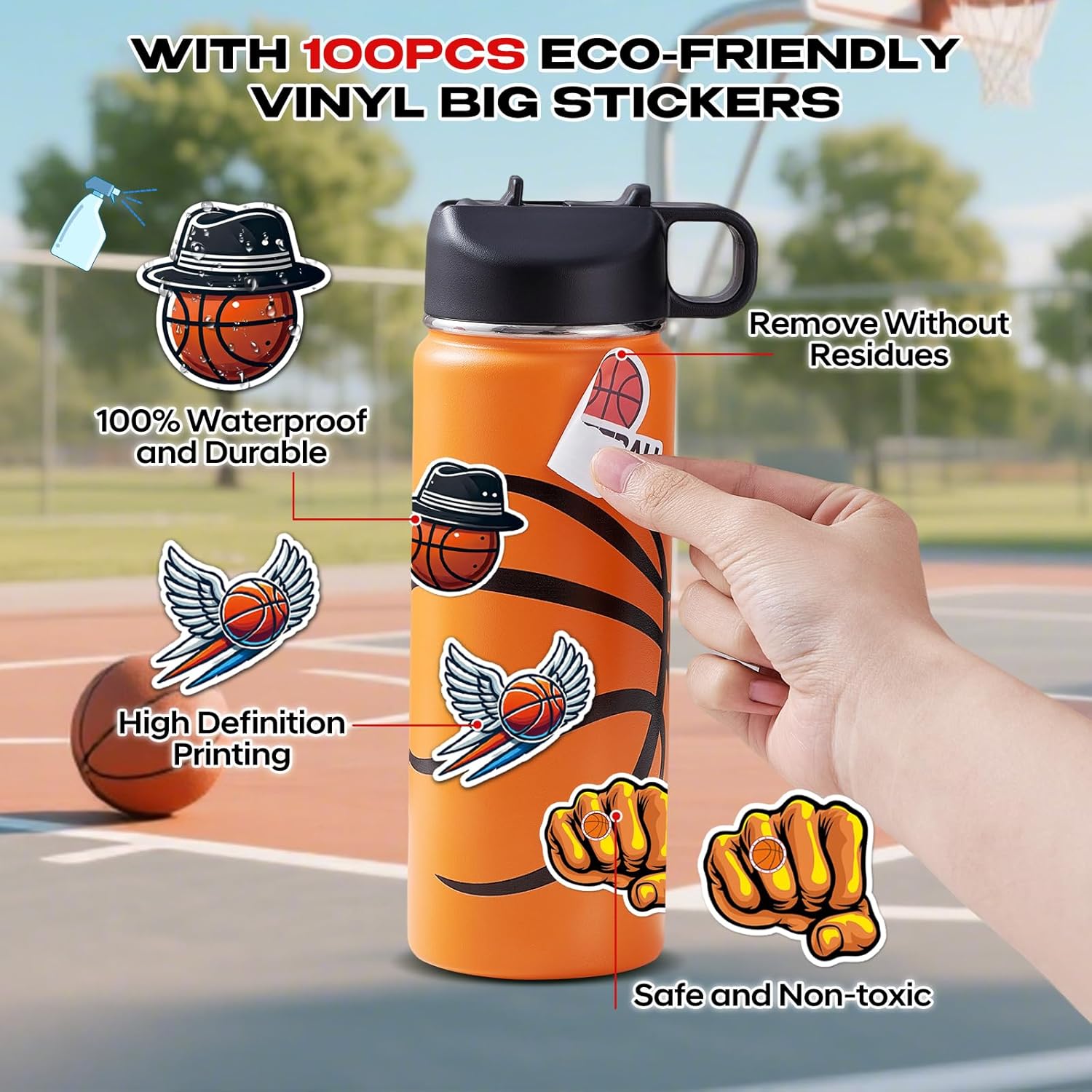 Basketball Water Bottles for Boys 18 oz and 100 PCS Basketball Stickers Sports Insulated Stainless Steel Water Bottle Basketballs Accessories Stuff Gear Gifts For 8-12 12-14 Player - Image 4