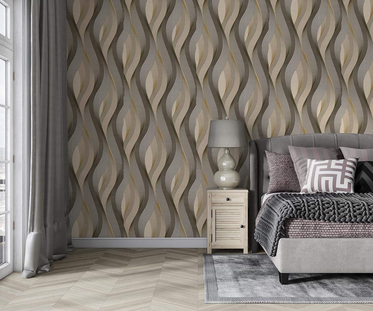 Tapeta 3D Wave Stripe odklej i przyklej, metaliczny złoty brokat, 52 cm x