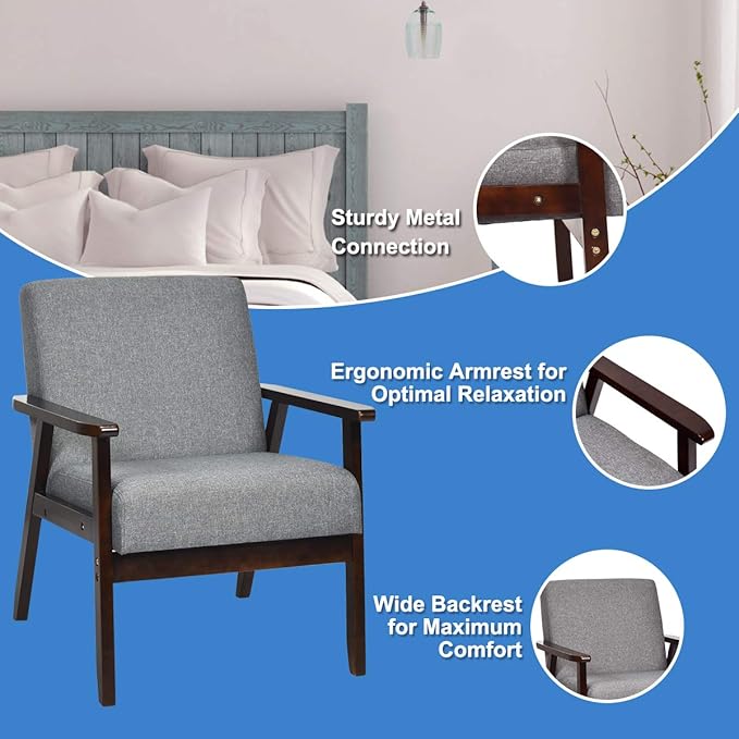 Juego de 2 Sillones Retro Tela Lino Madera Maciza Gris miniatura 3