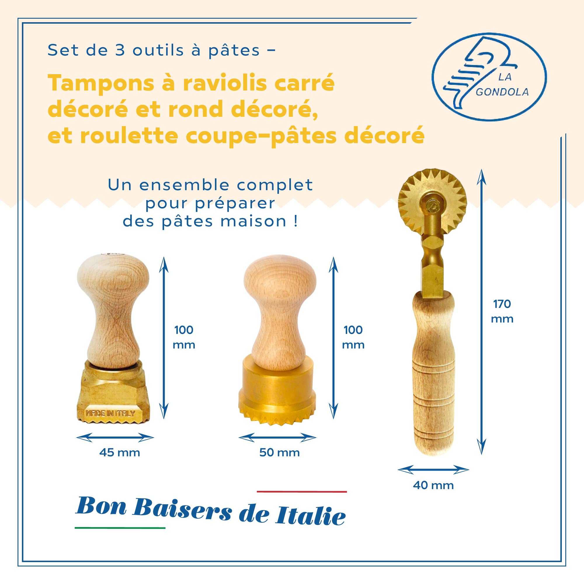 La Gondola Lot de 3 Outils pour Pâtes - Carré Décoré 45x55mm & Rond Décoré 50mm Timbres à Ravioli & Roulette Coupe-Pâtes (Roue Décoré) | Laiton & Bois Naturel | Sûr & Facile | Fabriqué en Italie