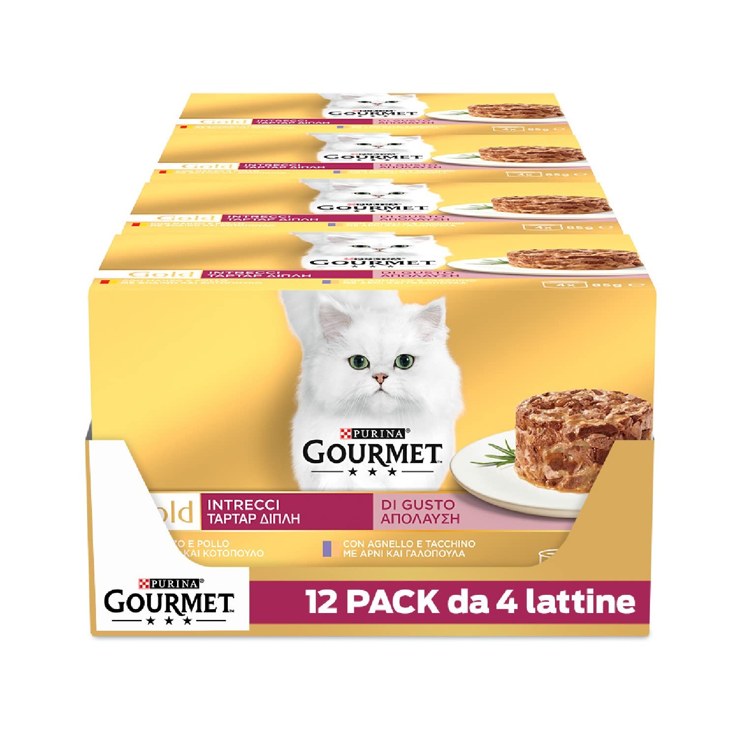 GOURMET Gold Intrecci di gusto Cibo Umido per Gatti Adulti Tortino con Pollo, Manzo, Tacchino e Agnello 48 Lattine da 85g