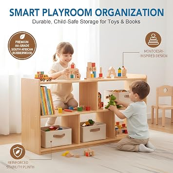 Solid Wood Cube Storage Organizer, Low Kids Bookshelf with Rounded Corners, Natural Rubberwood Cubby Shelf, Horizontal Toy Storage Cabinet for Nursery and Playroom