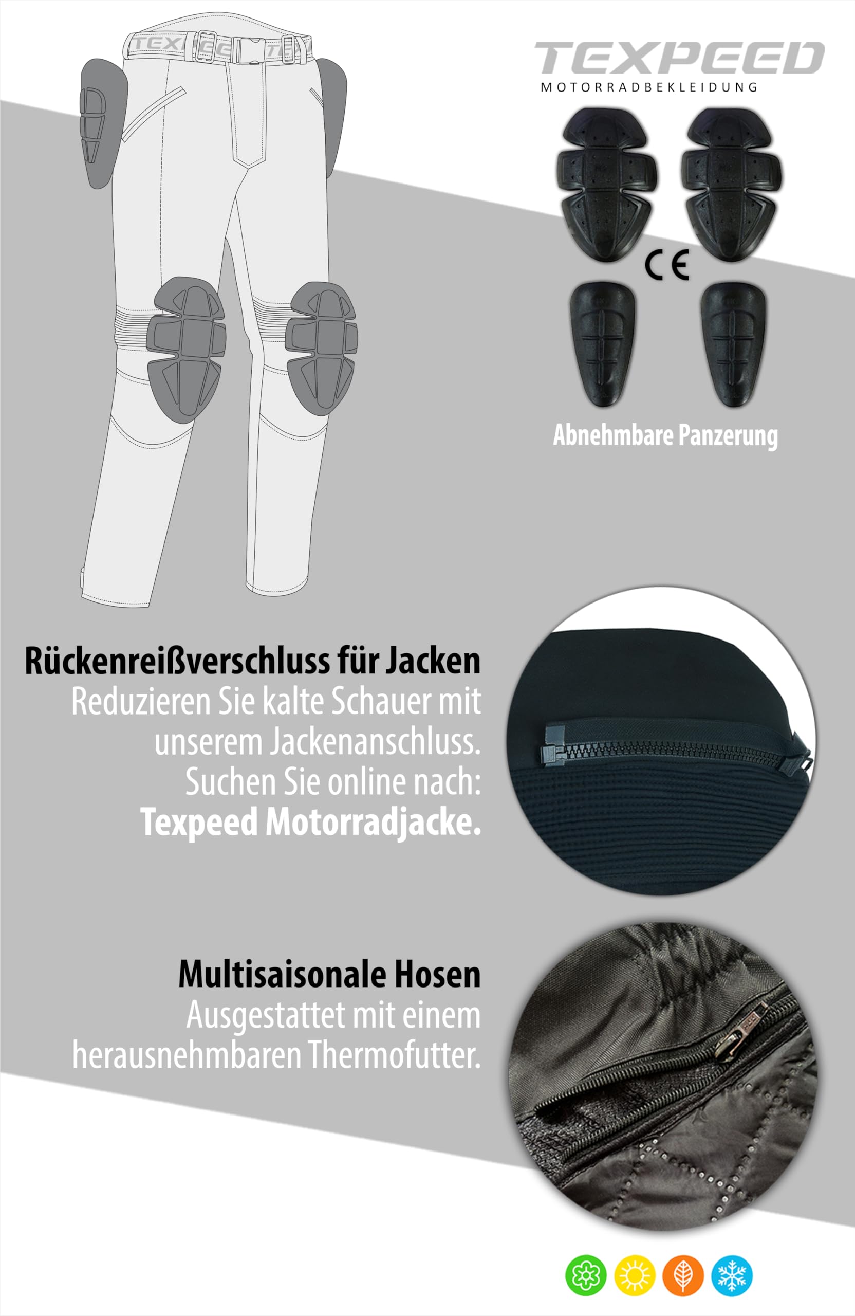 Texpeed Motorradhose mit protektoren herren - Textil Wasserdicht Motorroller Motorrad Bikerin Mit CE Schutz rüstung (EN 1621-1) - Schwarz - (11XL Taille/Kurz Bein)