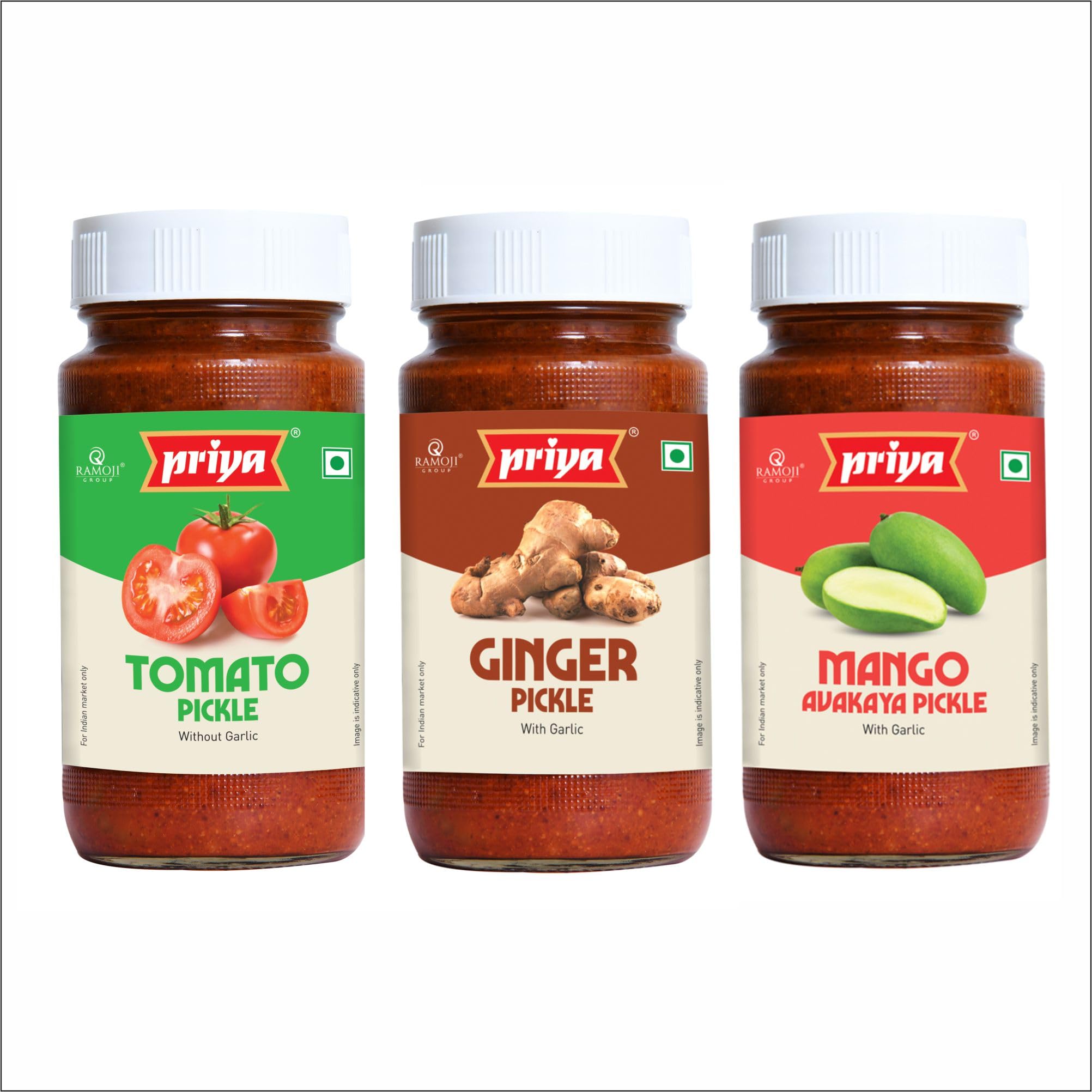 Priya Pickles Combo of 3 Pickle With Garlic Total 900gm I Tomato,Ginger, Mango avakaya I Authentic Telugu Style Achar | Traditional South Indian Taste |