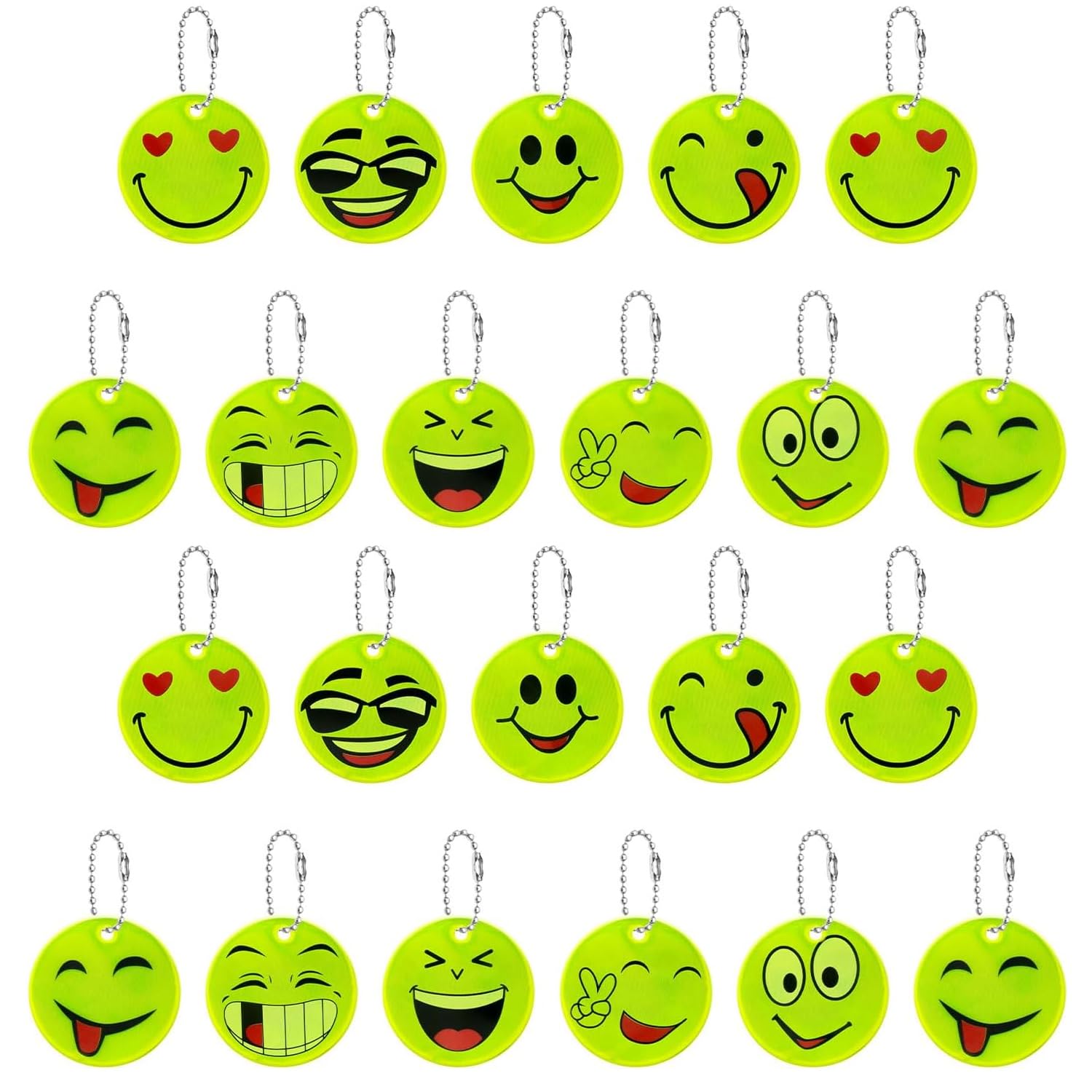 ZIOYANE Pack of 22 Reflectors with Smiley Key Fob Design - Vibrant Mixed Colour Reflective Pendants for School Bags Backpacks Cycling Hiking & Night Running Accessories
