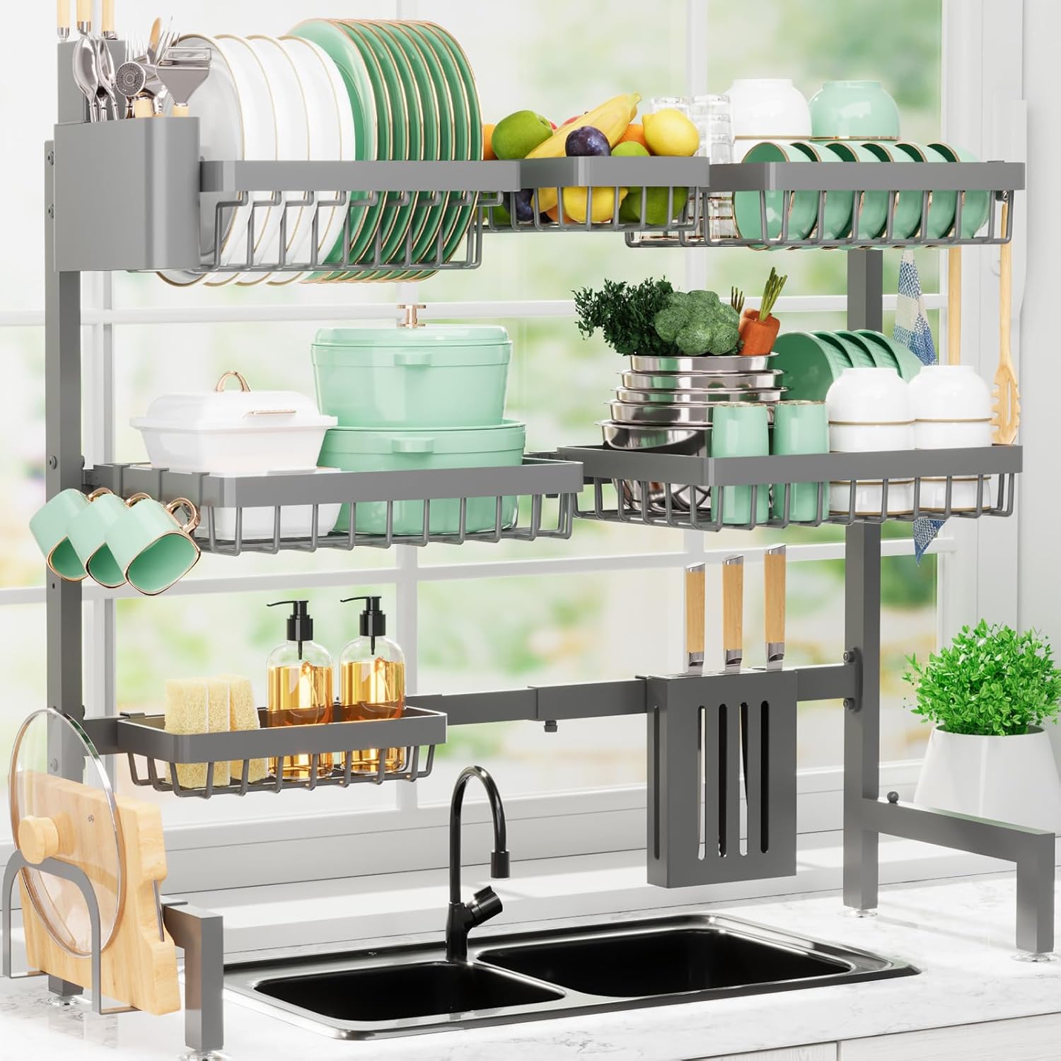 Dish Drying Rack – Over The Sink Dish Drainer Drying Rack with Utensil & Knife Holder, Hooks, Stainless Steel Kitchen Organizers and Storage Solution, 11.8″ D x 31.5″~39.0”W x 30″ H, Gray