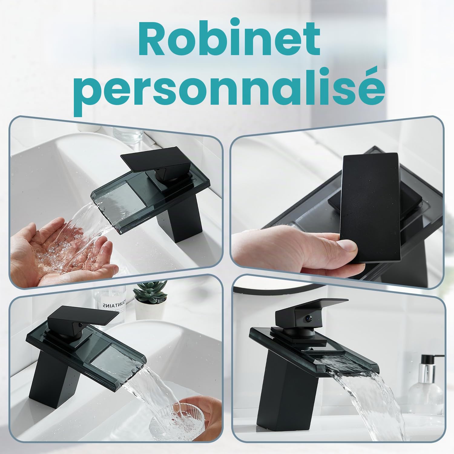 Robinet de salle de bain en verre à levier unique Noir | Mitigeur monocommande en acier inoxydable