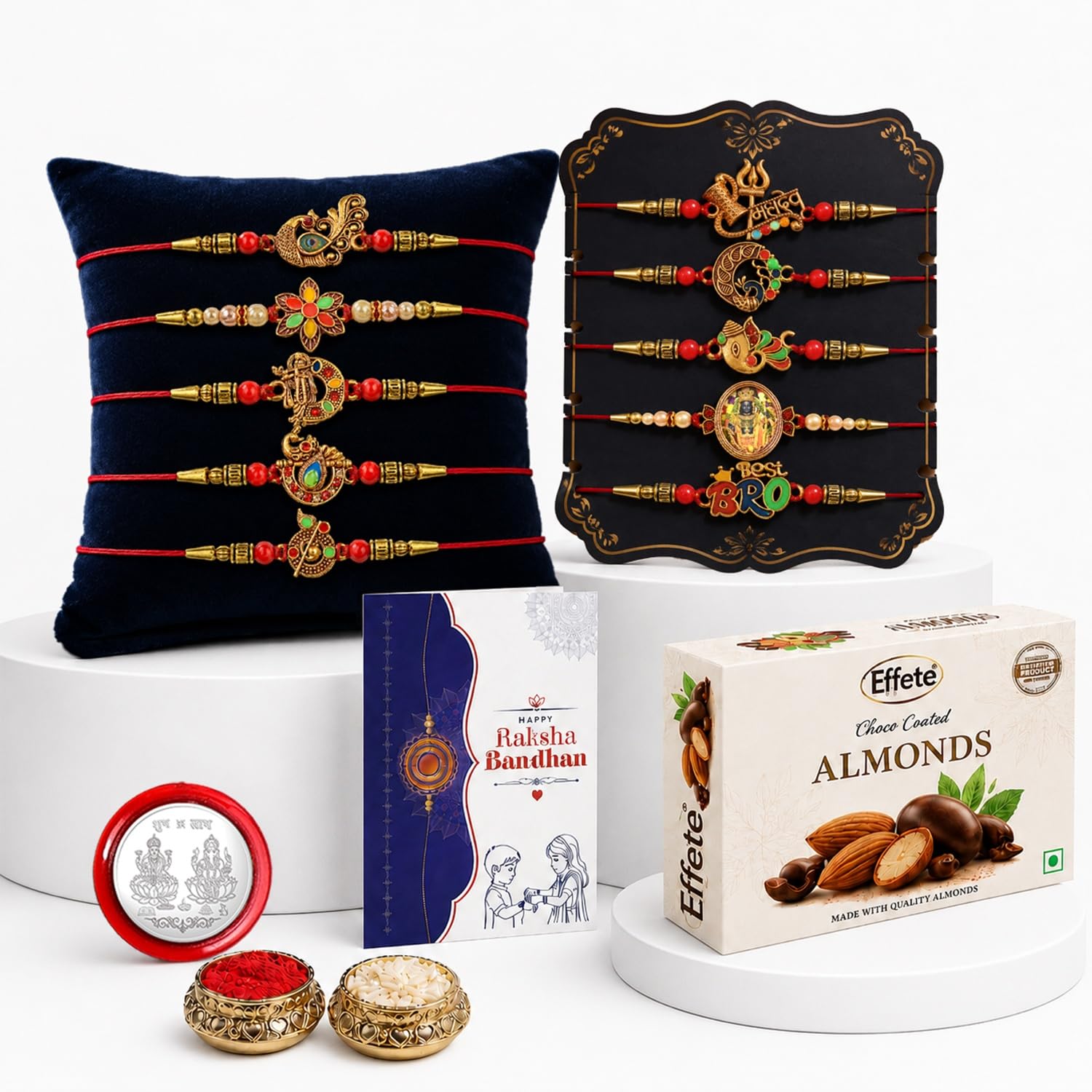 DeoDap Multicolor Bracelet/ Rakhi (K10_MC17_BS32) & Effete Chocolate Butter Scotch with Silver Color, Roli Chawal|Rakhi Combo with card and chocolate|Rakhi & Chocolate for brother|Set of 10 |200 gram-image-49