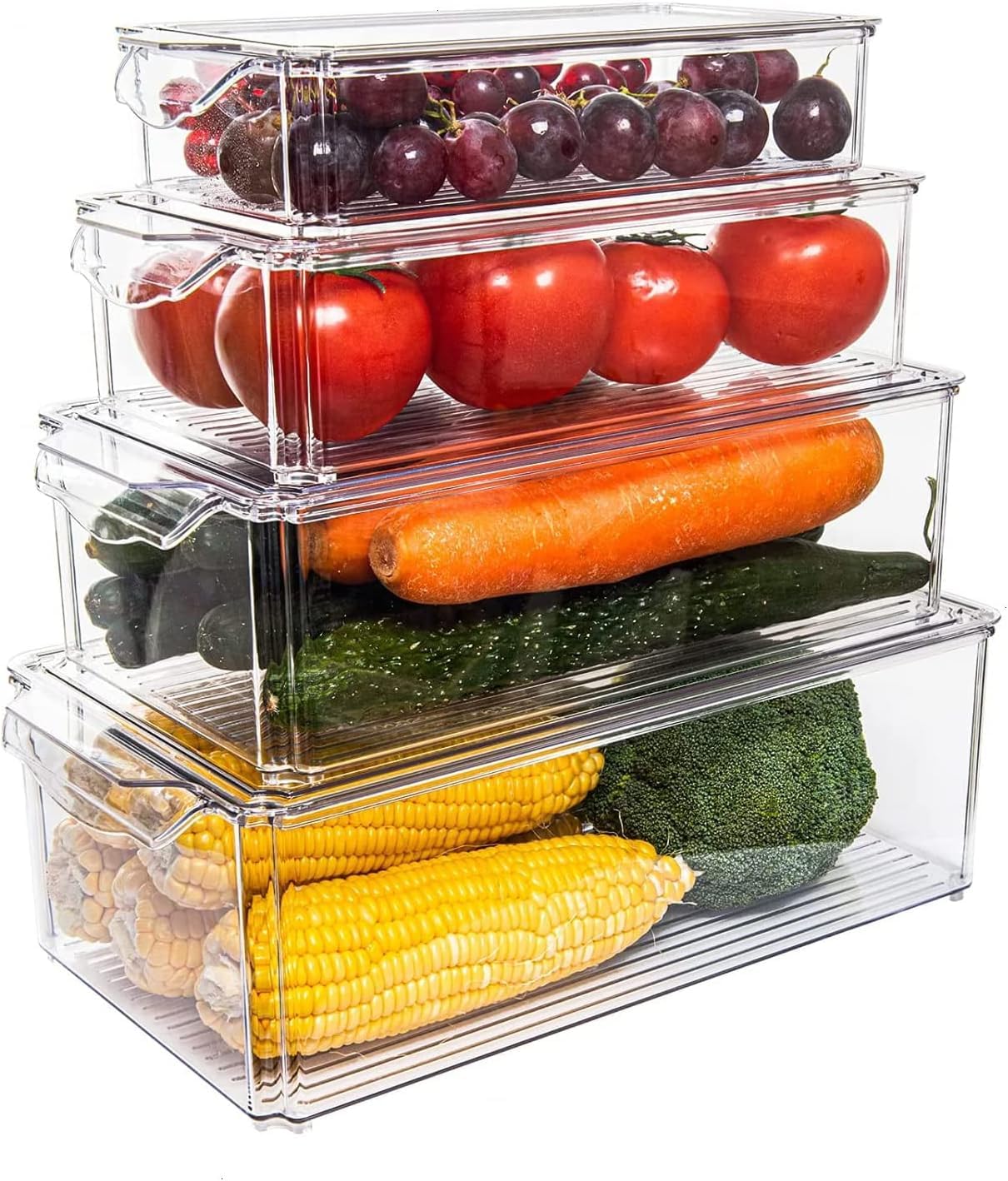 TYESO Set of 4 Fridge Organizer with Lids, BPA-Free Plastic Stackable Refrigerator Organizer Bins and Food Storage Clear Containers for Kitchenâ€¦
