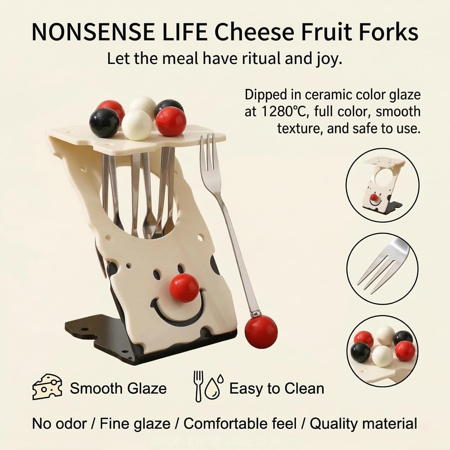 5.9 Inch Fruit Fork Set With Holder - 6 Pcs Stainless Steel Fruit Fork, Cute Ceramic Fruit Fork Holder, Mini Fruit Forks For Dessert and Appetizer