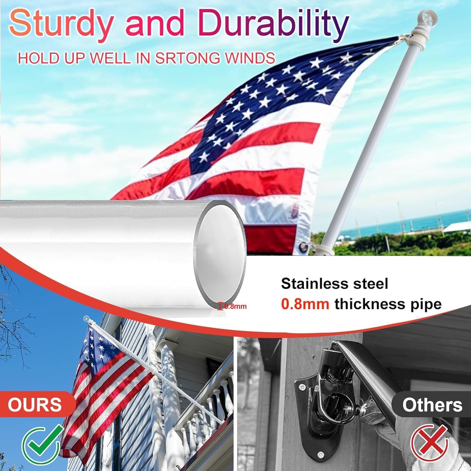 American Flag With Pole Kit For Outside House - 5ft Heavy Duty Metal Flagpole,3x5 Embroidered Us Flags,Tangle Free,Aluminum Bracket For Residential Commercial Use - Portable For Outdoor - White