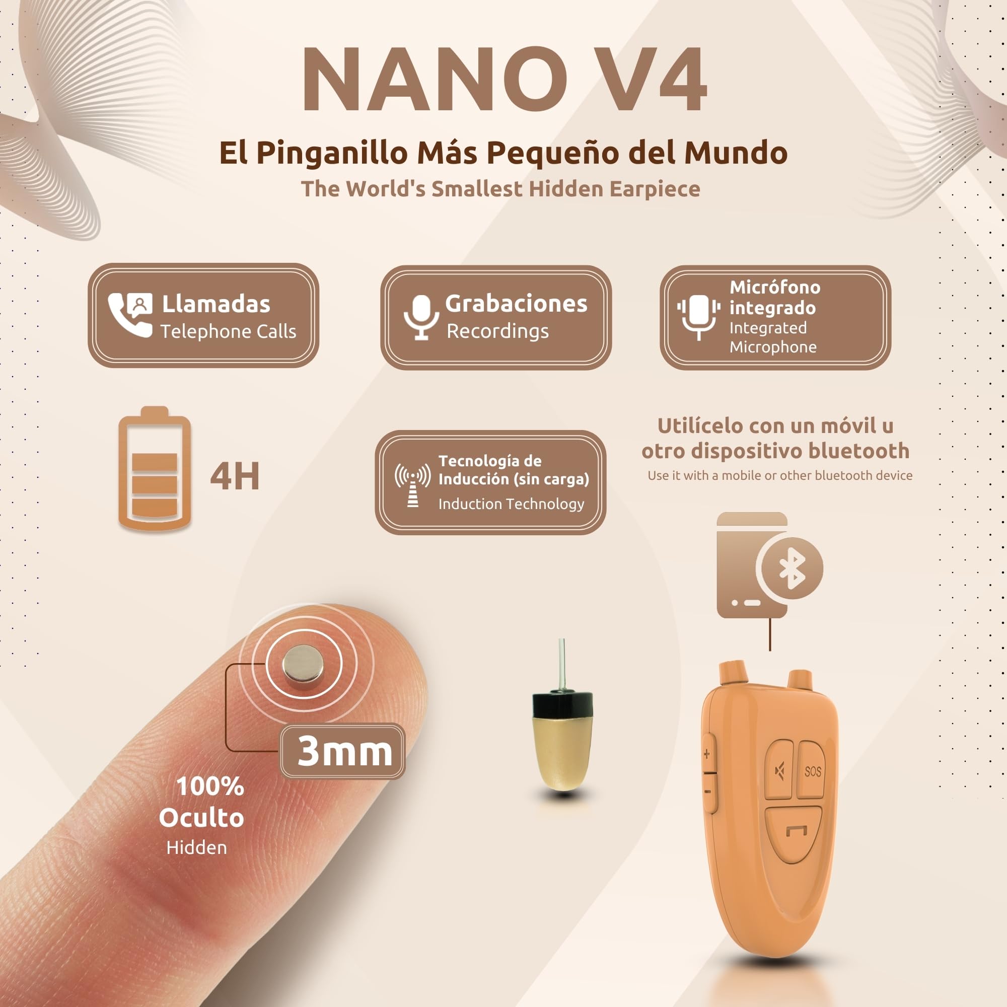 PingaOculto Pinganillo Bluetooth Movil Oculto (Imán V4 + VIP Pro Supermini) | 2 auriculares espía (Imán y Vip Pro SuperMini), Micrófono integrado, Botón multifunción, Llamadas y grabaciones, Función SOS