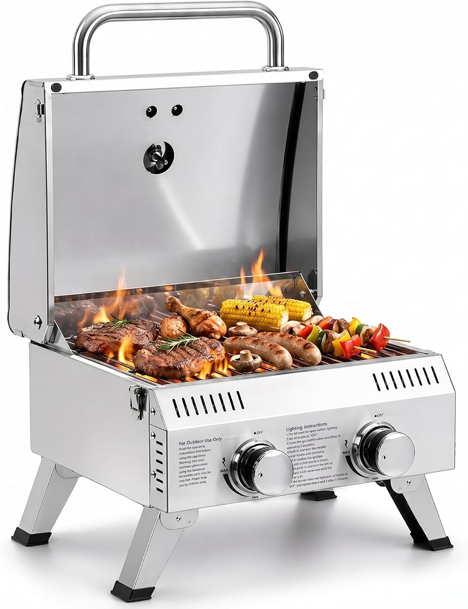 Parrilla de gas portátil de 2 quemadores, parrilla de propano de mesa para exteriores de 20000 BTU con encendido, termómetro incorporado y cuerpo completo de acero inoxidable para patio, jardín, patio trasero, camping, barbacoa, picnic