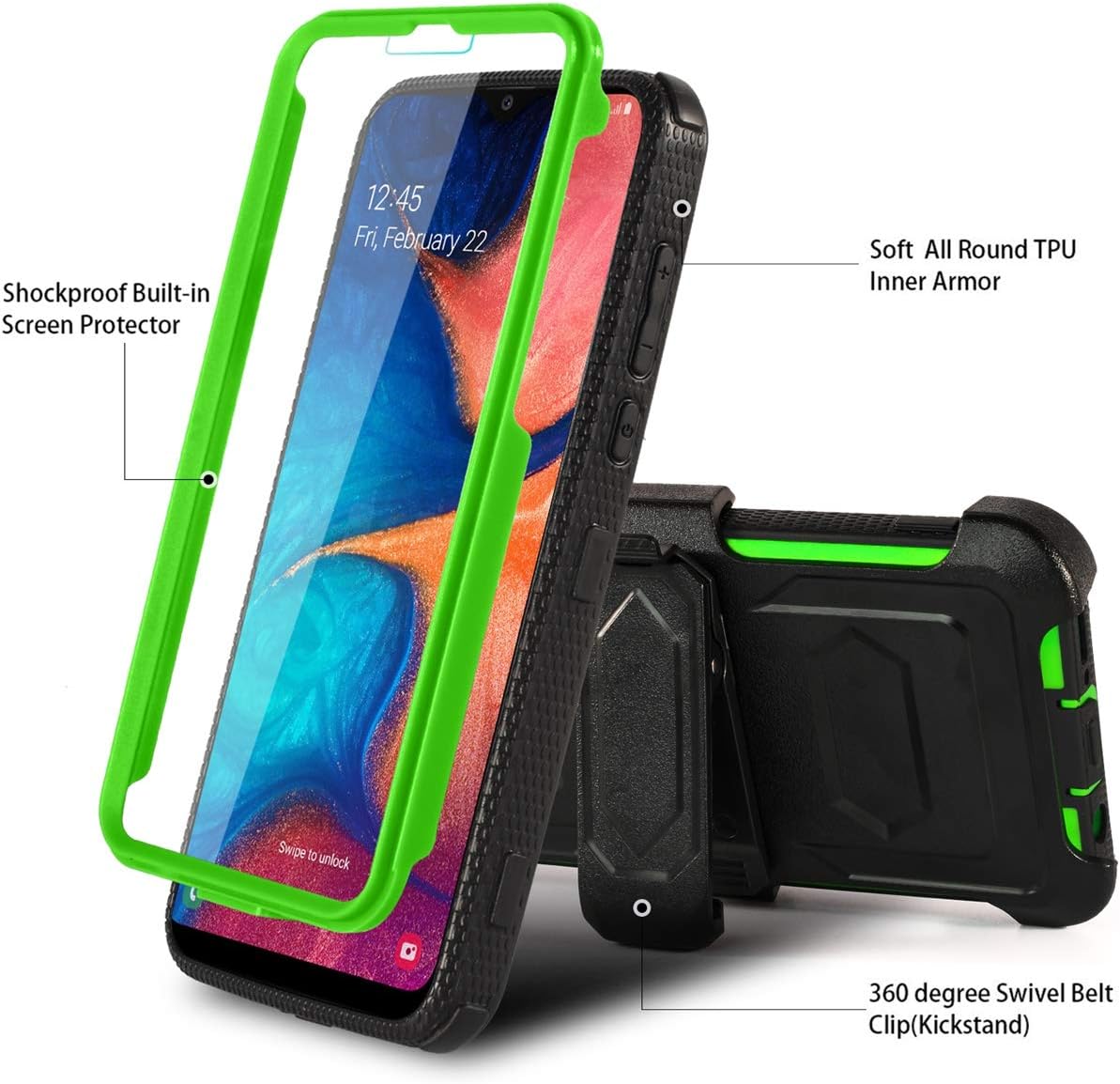 Numy Samsung Galaxy A20/A50/A30 Case,[Buit-in Screen Protector][Shockproof] Hybrid Heavy Duty Case with Swivel Belt Clip-Green