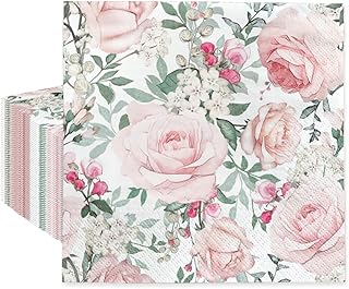 PAW - Luncheon Floral Napkins 6,5'' x 6,5'', Disposable Paper Napkins with Roses, Lunch Napkins for Wedding, Bridal Party, Birthday, Decoupage, Tableware Party Supplies, 50 Count