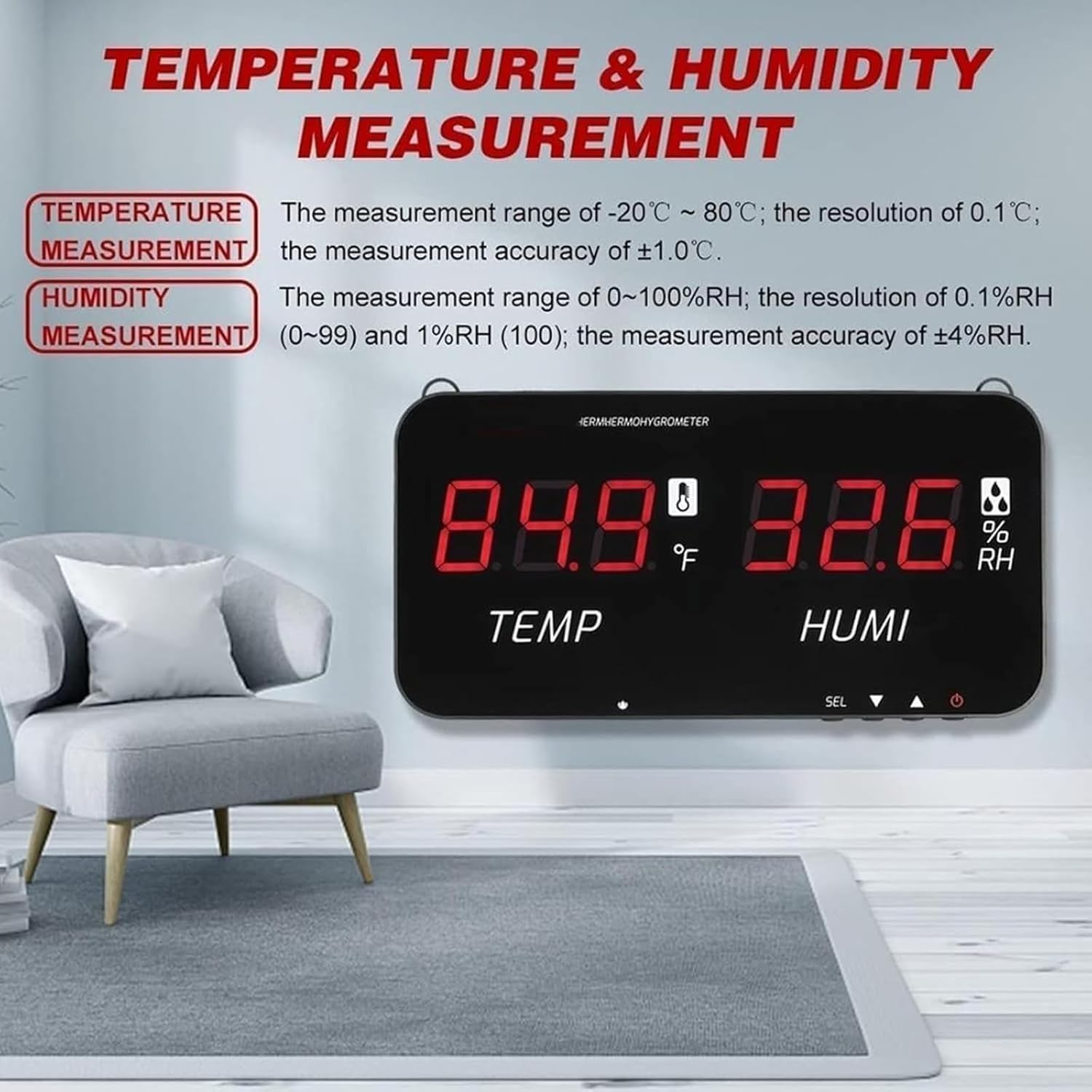 TsoLay Termoigrometro Digitale, Misuratore di Temperatura Intelligente -20℃-80℃ (-4℉-176℉) con Sonda Esterna da 5 M, Display Digitale a Tubo Singolo da 1,8", per Uso Agricolo Industriale
